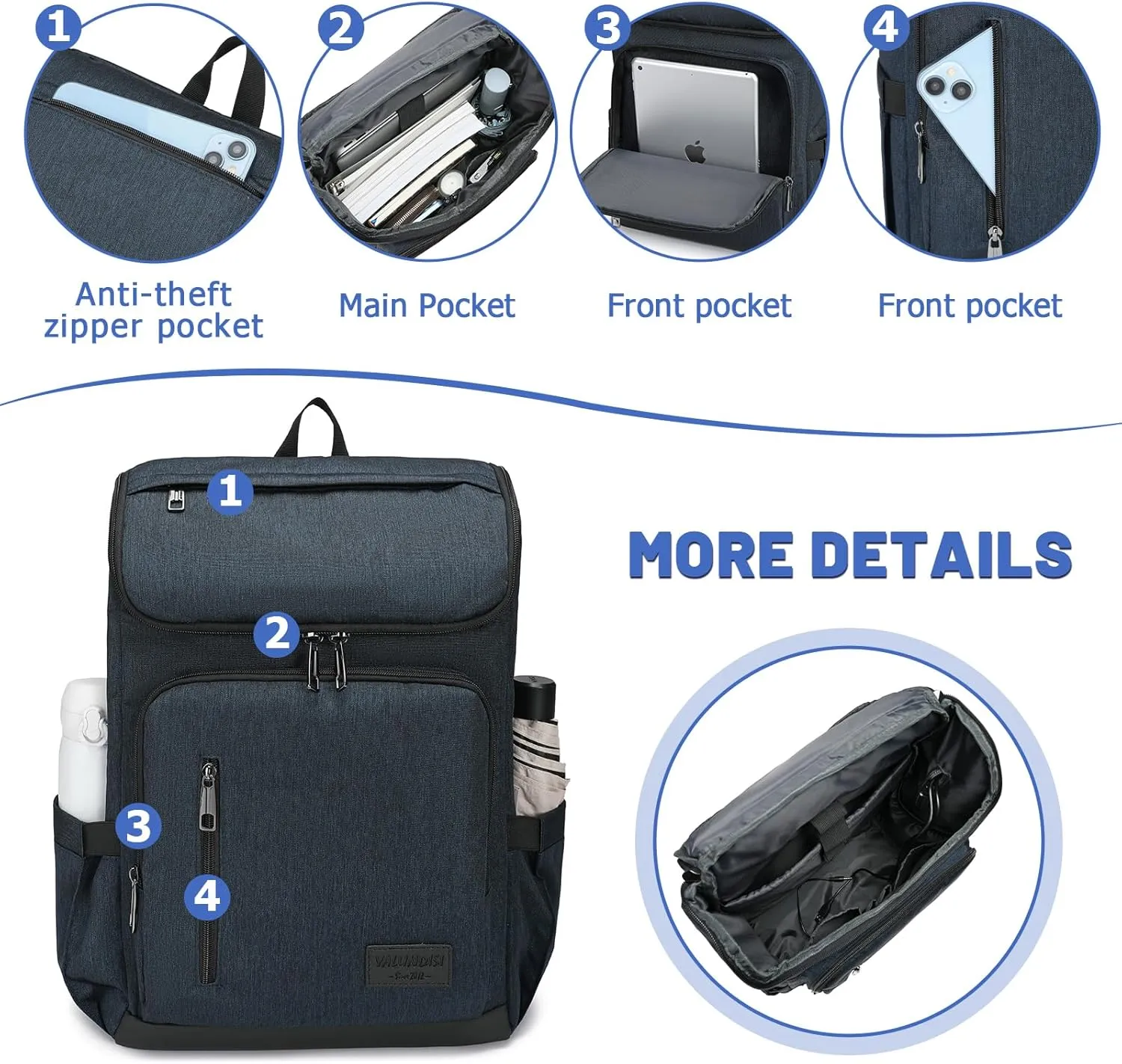 YALUNDISI Laptop Backpacks Travel Backpack Carry On Backpack Casual Daypack with USB Charging Port for Men Women Blue