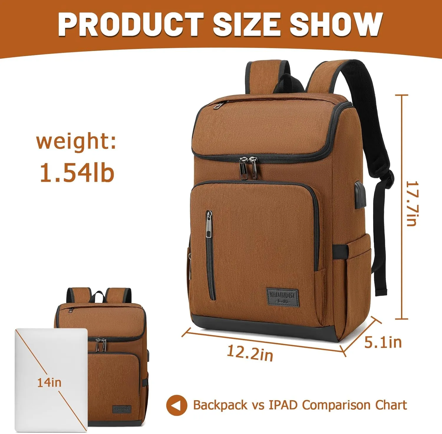 YALUNDISI Laptop Backpacks Travel Backpack Carry On Backpack Casual Daypack with USB Charging Port for Men Women Brown