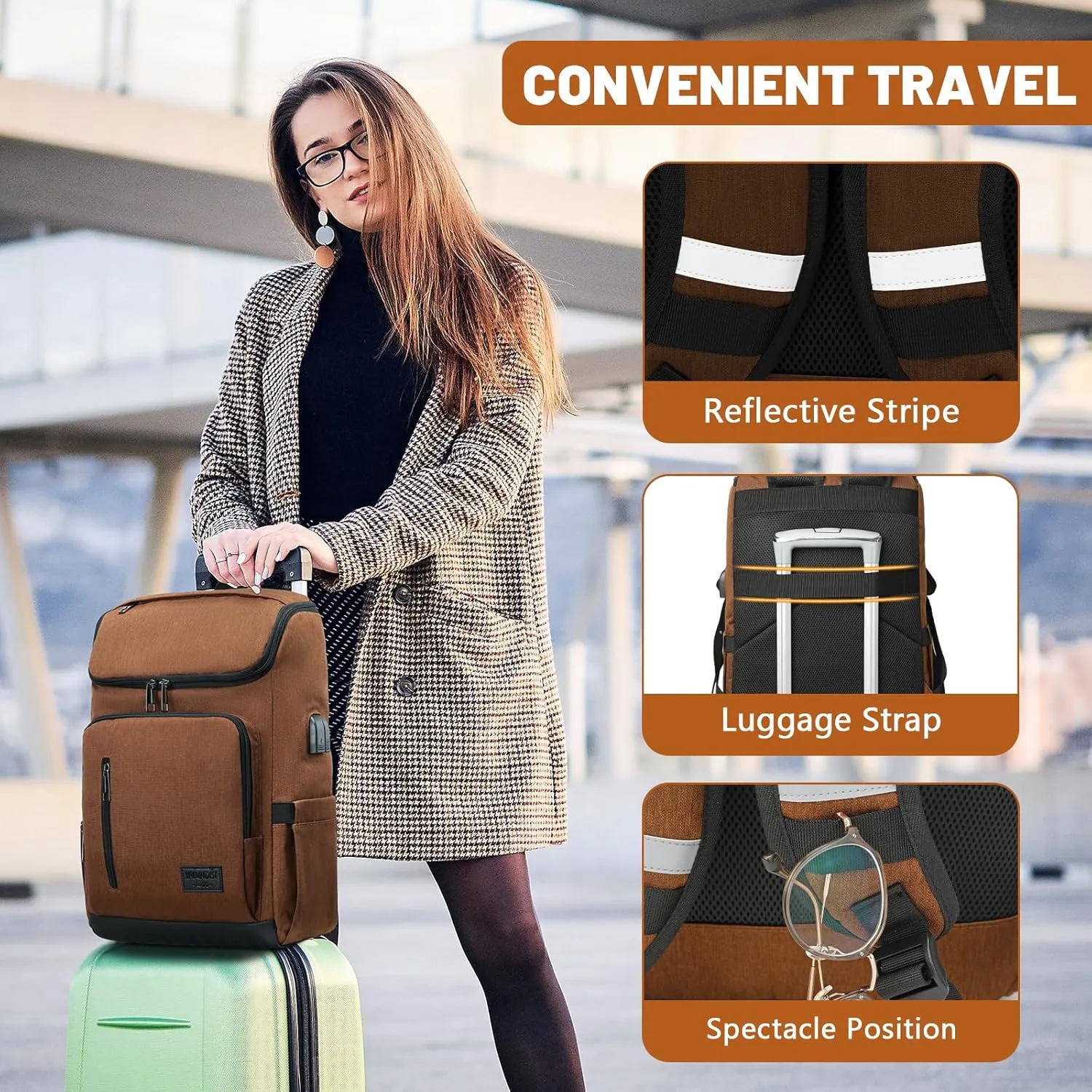 YALUNDISI Laptop Backpacks Travel Backpack Carry On Backpack Casual Daypack with USB Charging Port for Men Women Brown