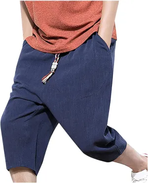 Ymosrh Men's Shorts Fashion Casual Solid Color Drawstring Pocket Calf-Length Pants Shorts