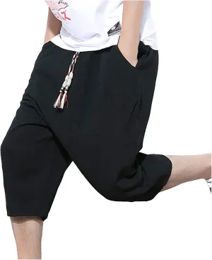 Ymosrh Men's Shorts Fashion Casual Solid Color Drawstring Pocket Calf-Length Pants Shorts