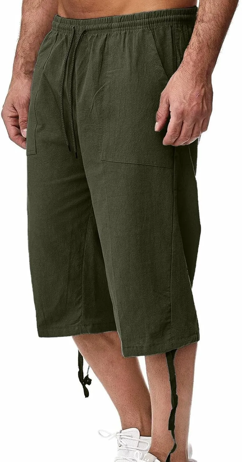 Ymosrh Men's Shorts Fashion Casual Solid Color Drawstring Pocket Calf-Length Pants Shorts