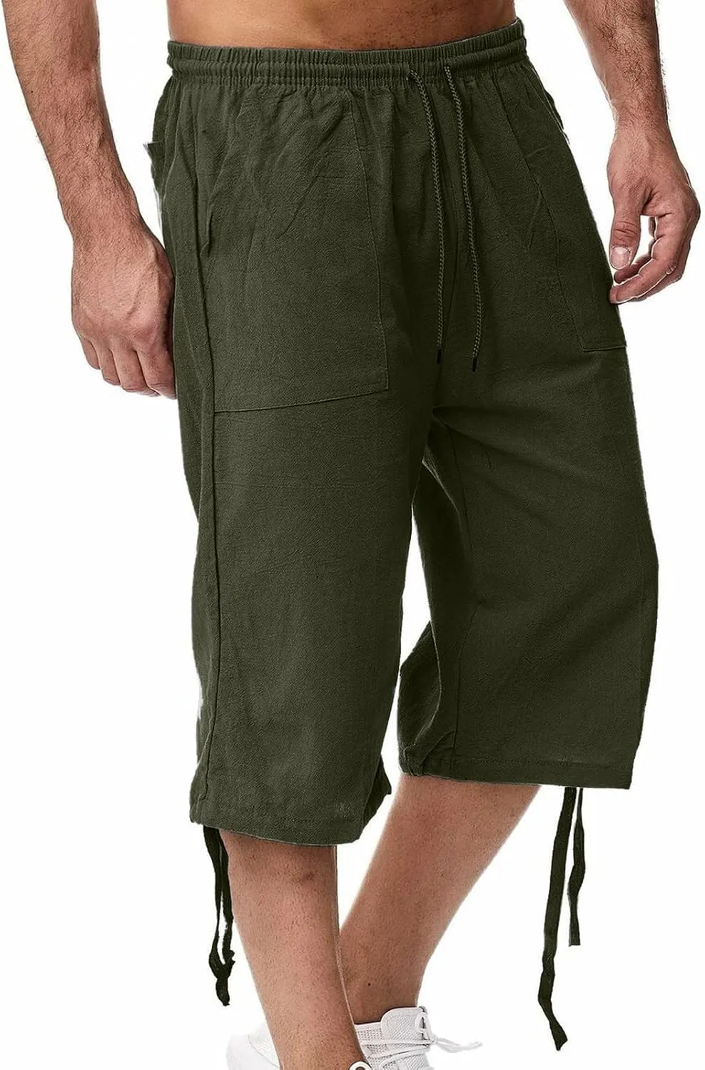 Ymosrh Men's Shorts Fashion Casual Solid Color Drawstring Pocket Calf-Length Pants Shorts
