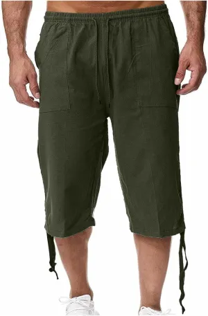 Ymosrh Men's Shorts Fashion Casual Solid Color Drawstring Pocket Calf-Length Pants Shorts