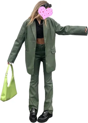 Yuemengxuan Women Faux Leather Blazer Vintage Lapel Boyfriend PU Jacket Long Sleeve Button Down Trench Coat Streetwear