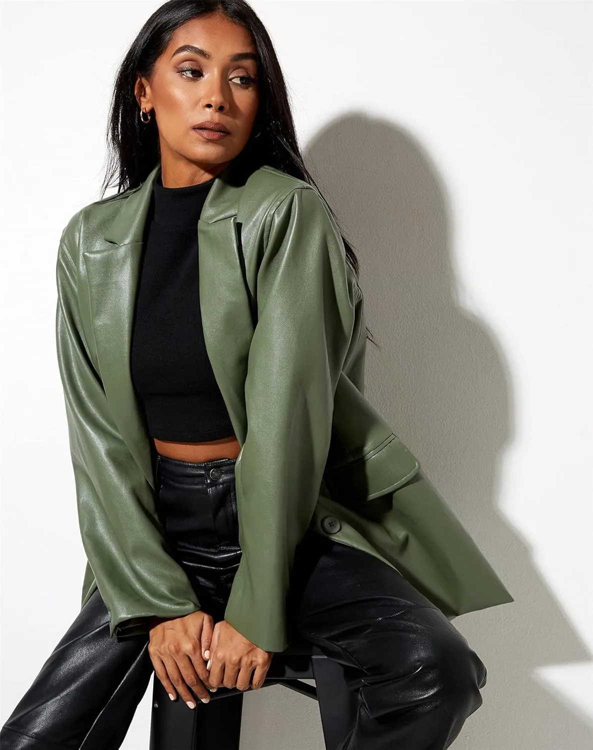 Yuemengxuan Women Faux Leather Blazer Vintage Lapel Boyfriend PU Jacket Long Sleeve Button Down Trench Coat Streetwear