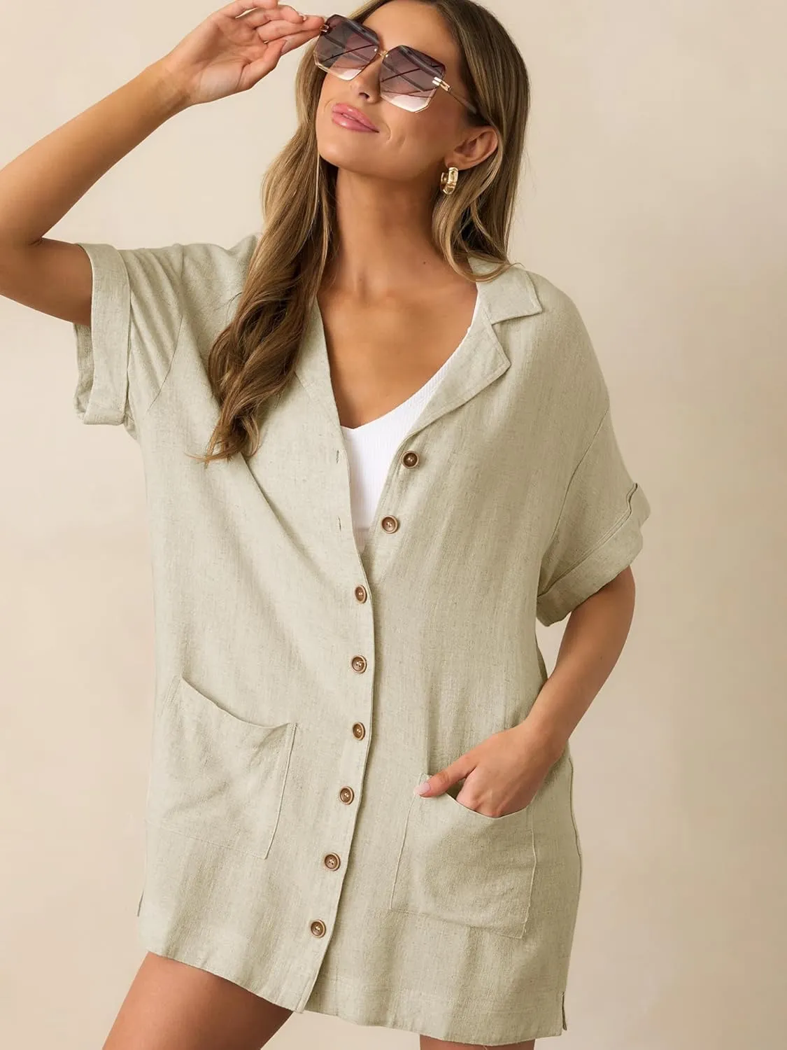 ZAFUL Women's Button Down Cotton Shirt Dress with Pockets, Short Sleeves V-Neck Collar Sundress Summer Break Beach 2025