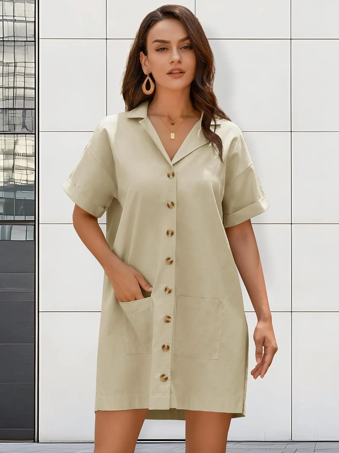 ZAFUL Women's Button Down Cotton Shirt Dress with Pockets, Short Sleeves V-Neck Collar Sundress Summer Break Beach 2025