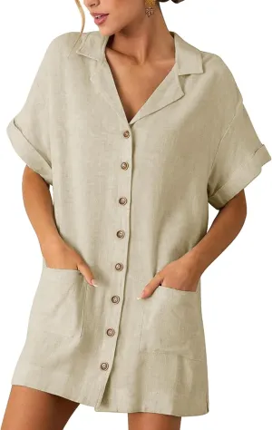 ZAFUL Women's Button Down Cotton Shirt Dress with Pockets, Short Sleeves V-Neck Collar Sundress Summer Break Beach 2025