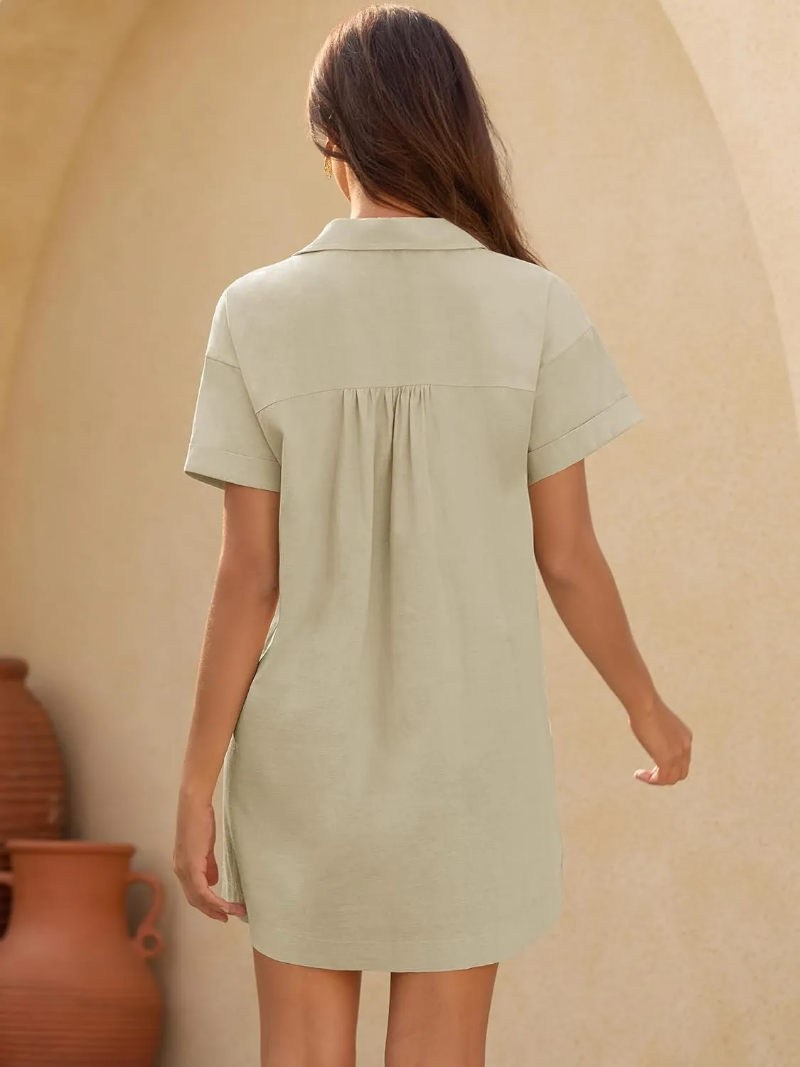 ZAFUL Women's Button Down Cotton Shirt Dress with Pockets, Short Sleeves V-Neck Collar Sundress Summer Break Beach 2025