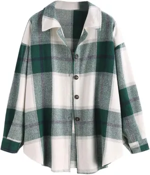 ZAFUL Women's Plaid Long Sleeve Shirt Button Down Thin Jacket Casual Flannel Plaid Shacket with Pocket