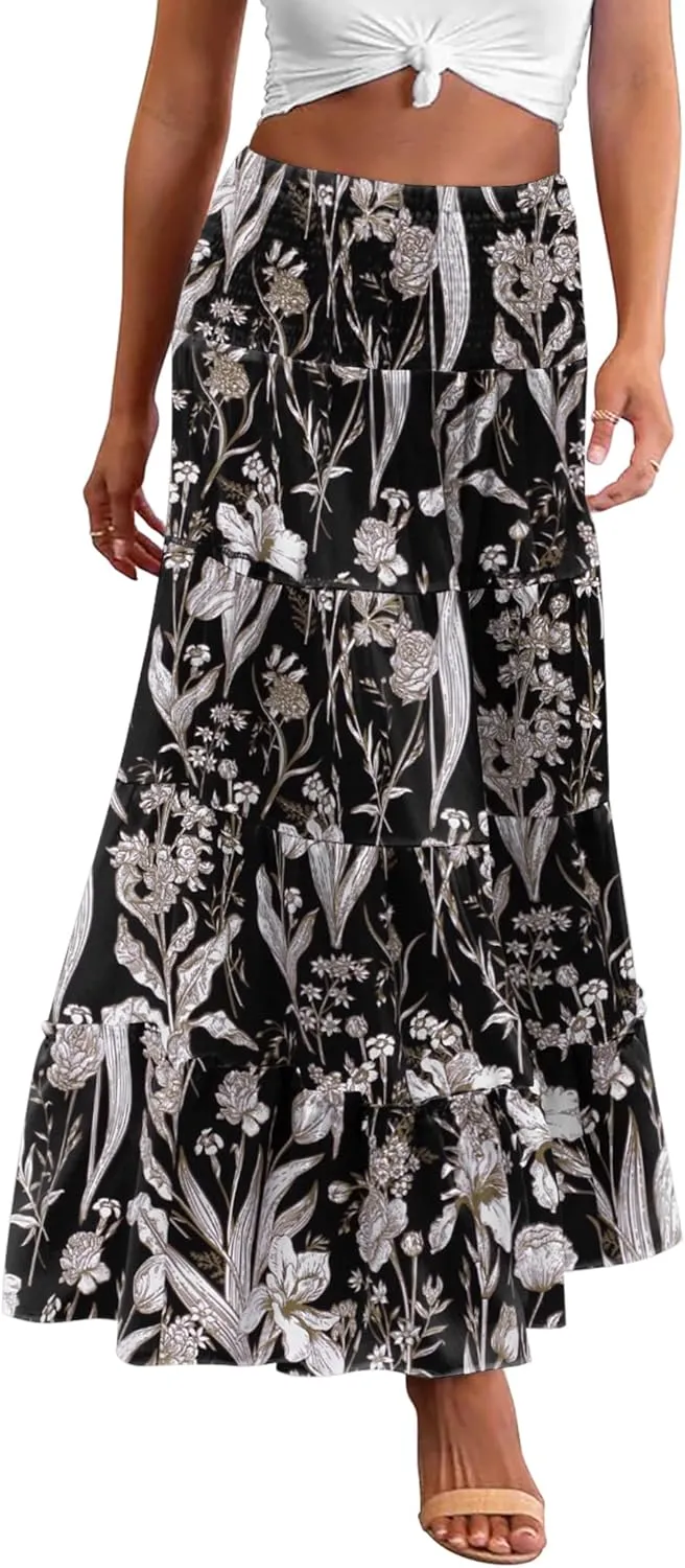 Zeagoo Women's Long Maxi Skirts Tiered Elastic High Waist Boho Double Layered Print A-Line Casual Midi Dress