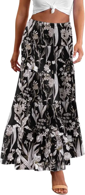 Zeagoo Women's Long Maxi Skirts Tiered Elastic High Waist Boho Double Layered Print A-Line Casual Midi Dress