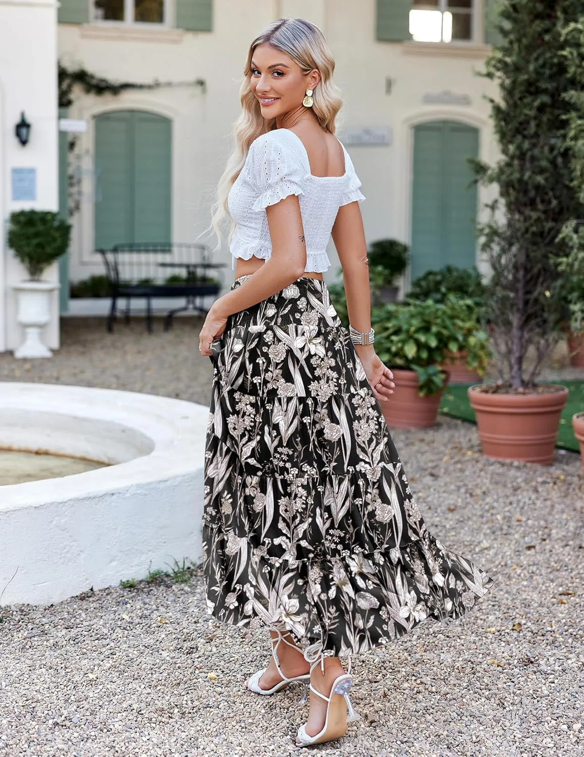 Zeagoo Women's Long Maxi Skirts Tiered Elastic High Waist Boho Double Layered Print A-Line Casual Midi Dress